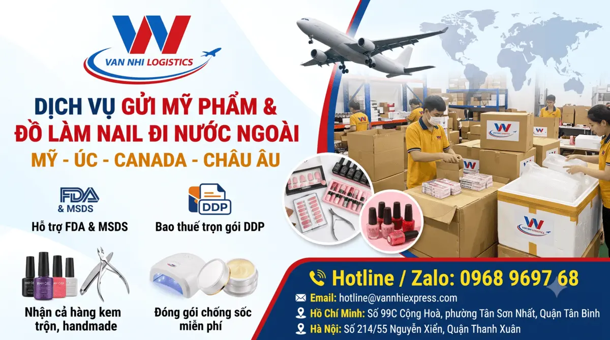 Ảnh thực tế các lọ sơn gel, kềm Nghĩa, bột đắp móng, kem dưỡng của khách mang tới kho Vân Nhi Express.